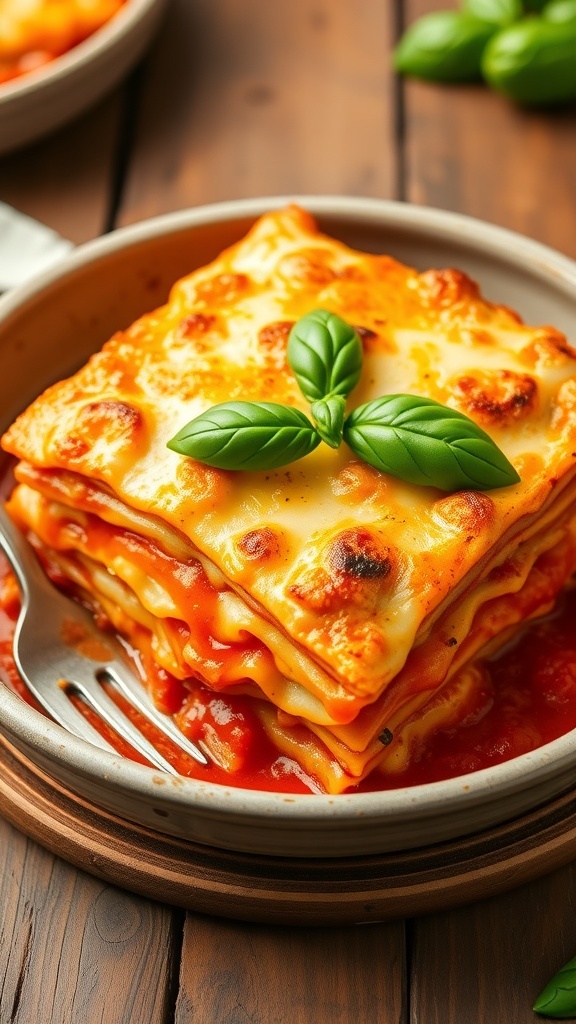 Vegetarian Cauliflower Lasagna Recipe A slice of vegetarian cauliflower lasagna with layers of cauliflower, marinara, and cheese, garnished with basil on a wooden table.